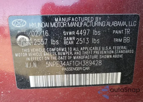 2016 Hyundai Sonata Sport from USA, damaged, VIN 5NPE34AF1GH389428